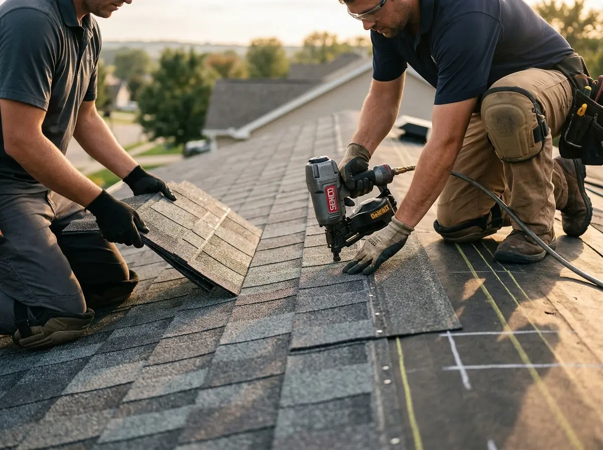 Professional roofer working on a residential roof in Stephenville